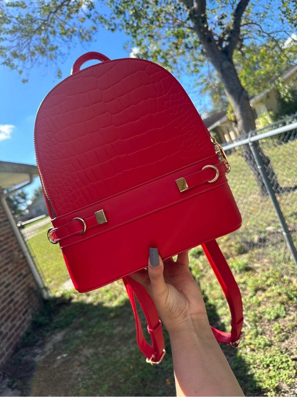 Red Women's Mini Backpack - Sleek Croc-Embossed Style